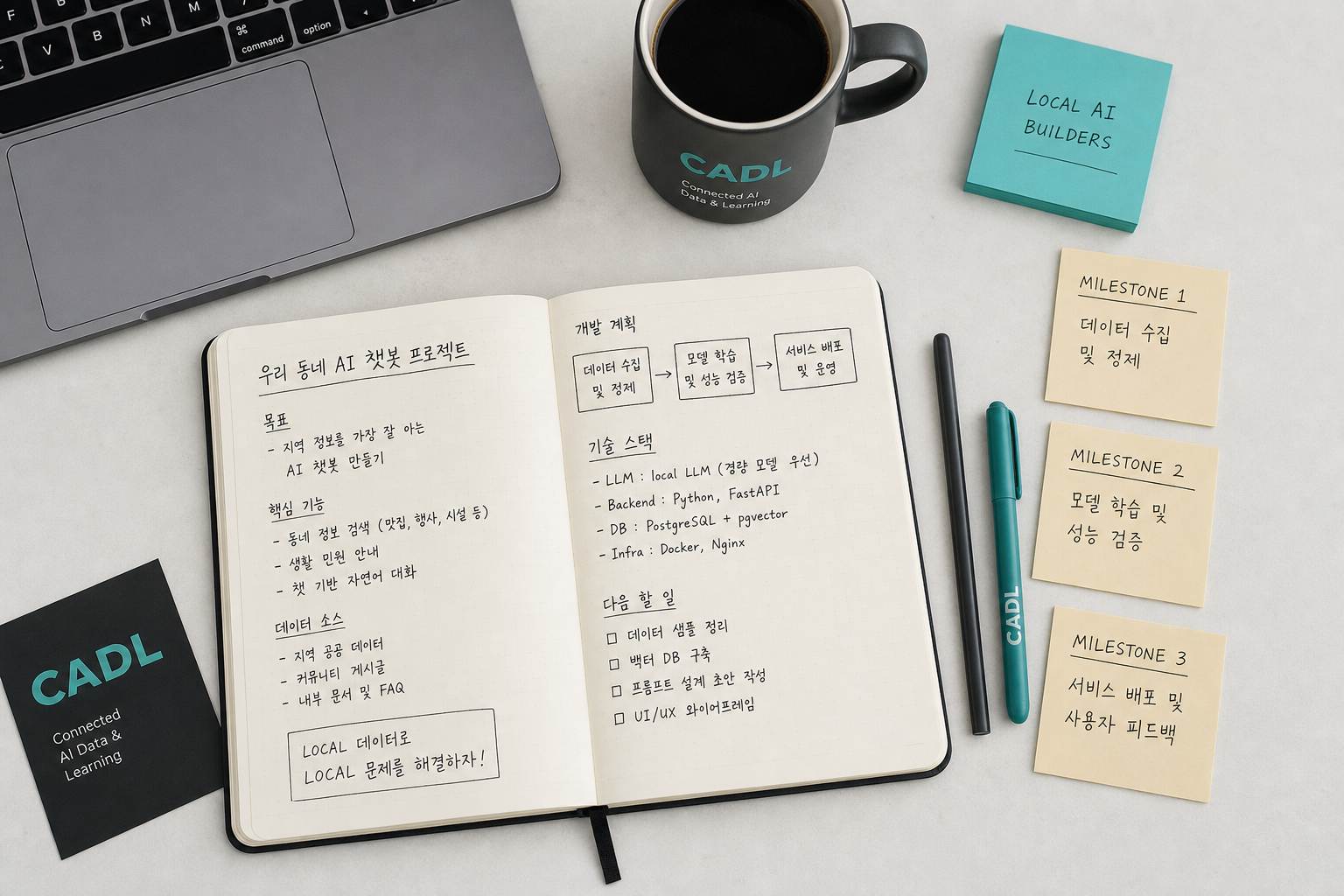 프로젝트 메모와 노트북이 펼쳐진 작업 데스크 위에서 본 장면