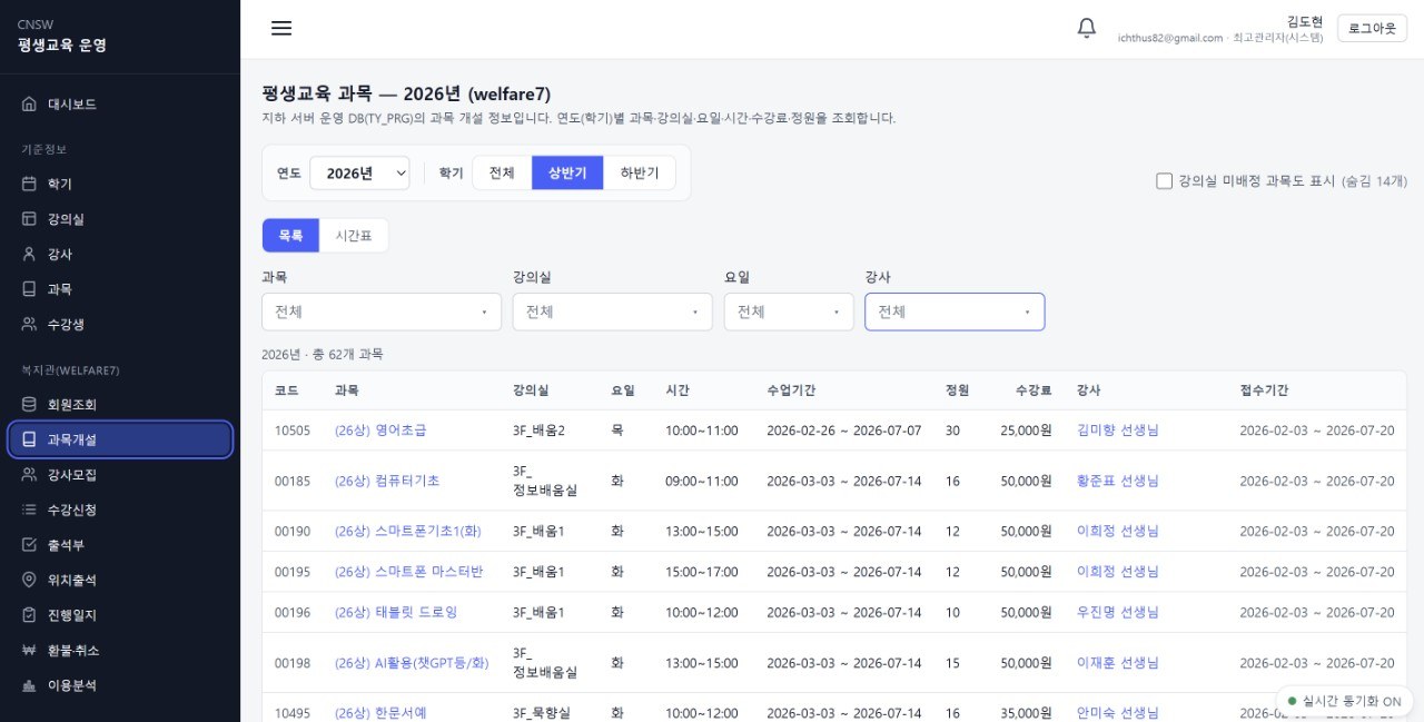 평생교육 운영 시스템 관리자 화면